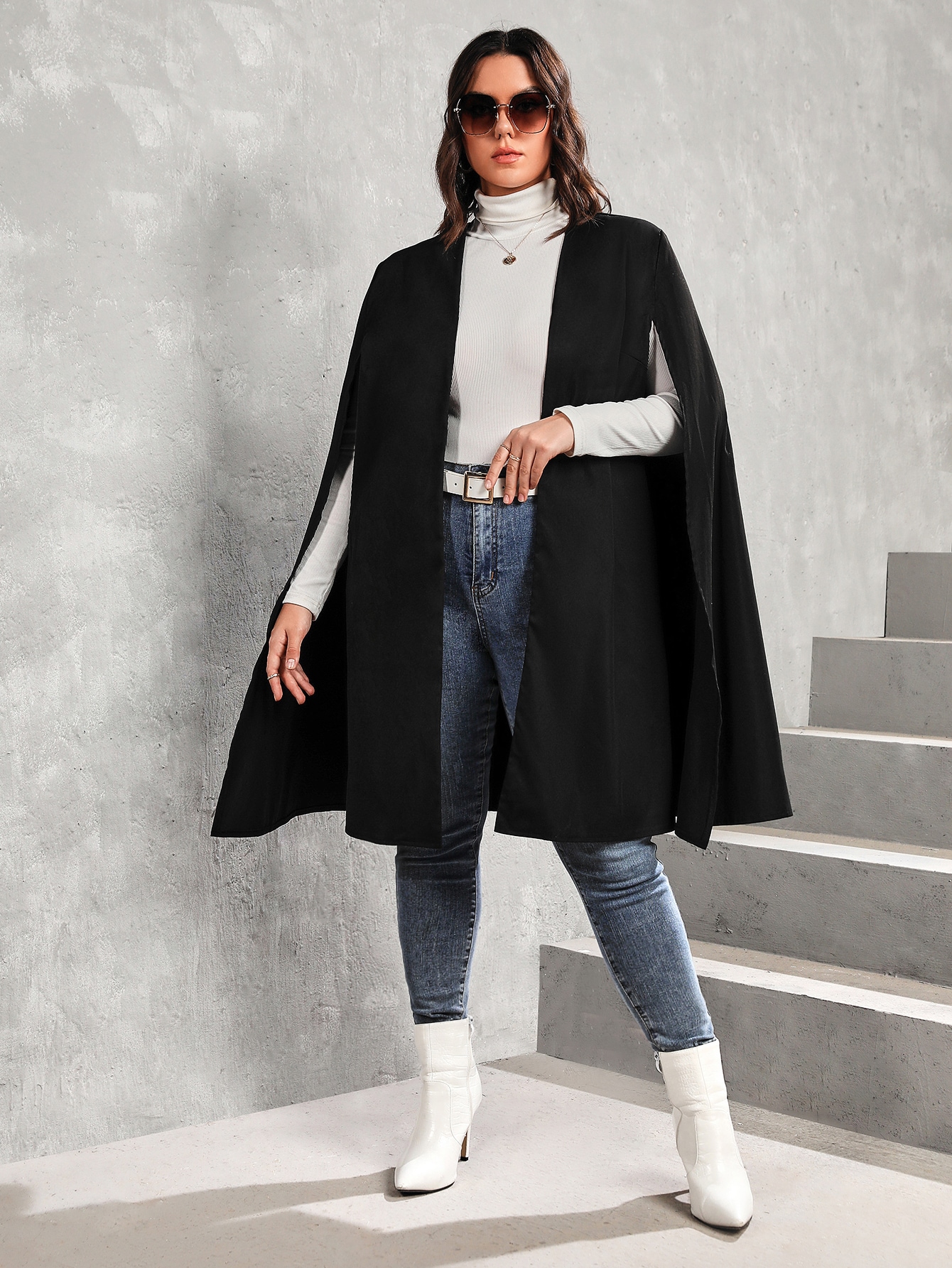 SHEIN Clasi Plus Cloak Sleeve Open Front Overcoat | SHEIN USA