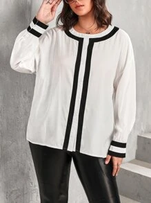 SHEIN Privé Plus Contrast Binding Drop Shoulder Blouse - White - View 4