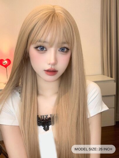 1pc Synthetic Blonde Heat-resistant Straight Long Wig Extension, 26 Inches Length, Fiber Material, Daily Wear, Natural Looking
