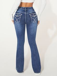 SHEIN PETITE 斜口袋牛仔喇叭褲 - 中等水洗藍 - 查看 1