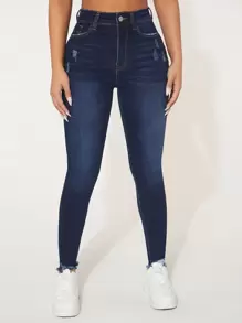 SHEIN PETITE High Waist Ripped Raw Hem Skinny Jeans - Dark Wash - View 1