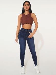 SHEIN PETITE High Waist Ripped Raw Hem Skinny Jeans - Dark Wash - View 3