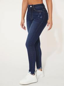 SHEIN PETITE High Waist Ripped Raw Hem Skinny Jeans - Dark Wash - View 5