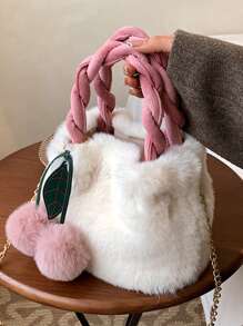 Braided Detail Fluffy Bucket Bag With Bag Charm - White - View 1