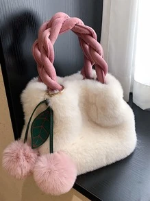 Braided Detail Fluffy Bucket Bag With Bag Charm - White - View 2