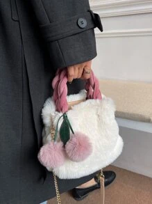 Braided Detail Fluffy Bucket Bag With Bag Charm - White - View 3