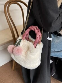 Braided Detail Fluffy Bucket Bag With Bag Charm - White - View 4