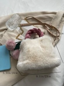 Braided Detail Fluffy Bucket Bag With Bag Charm - White - View 5
