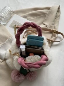 Braided Detail Fluffy Bucket Bag With Bag Charm - White - View 7