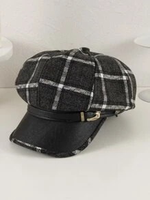 Plaid Pattern Belt Decor Baker Boy Cap - Black and White - View 1