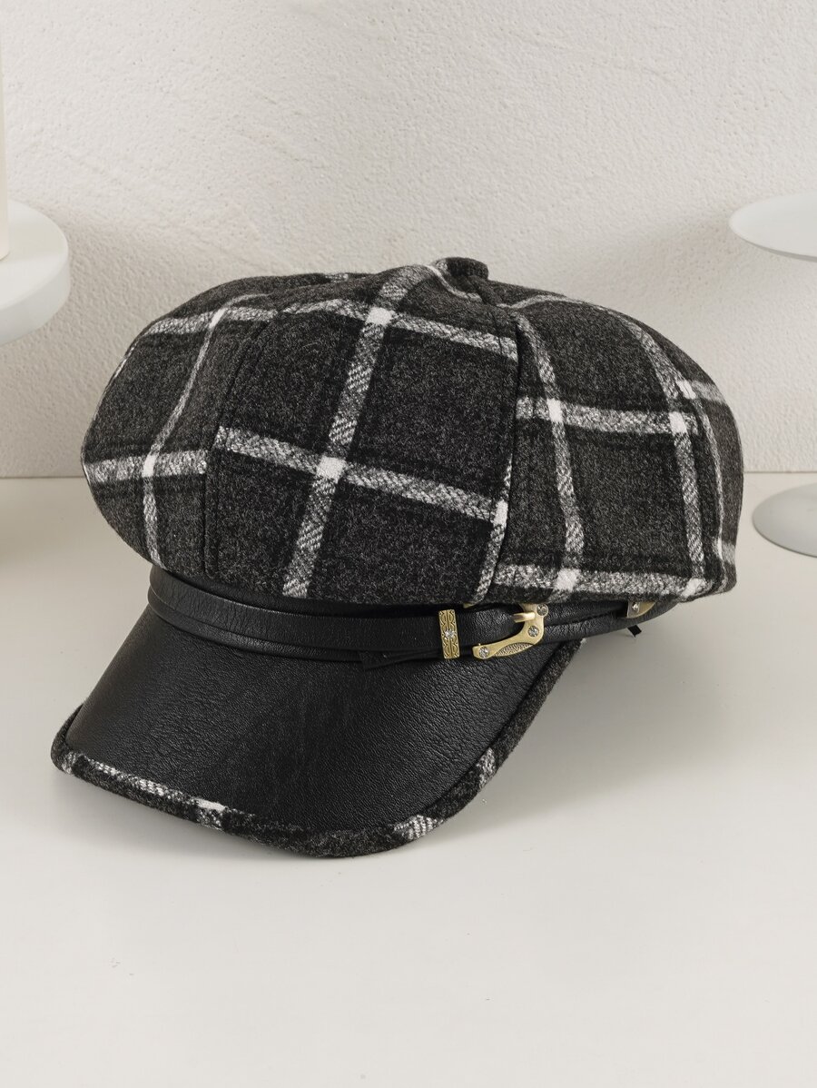 Plaid Pattern Belt Decor Baker Boy Cap - Black and White - View 1