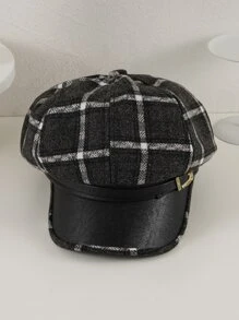 Plaid Pattern Belt Decor Baker Boy Cap - Black and White - View 2