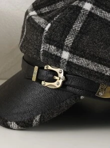 Plaid Pattern Belt Decor Baker Boy Cap - Black and White - View 5