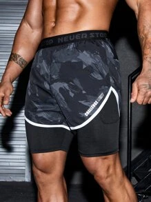 Men Camo Print Reflective Letter Graphic 2 In 1 Sports Shorts - Multicolor - View 1