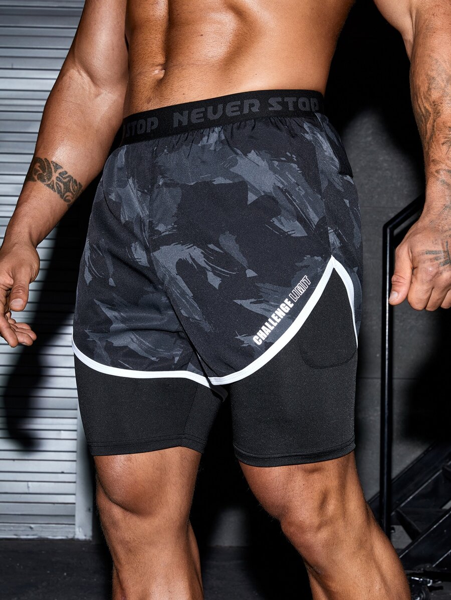 Men Camo Print Reflective Letter Graphic 2 In 1 Sports Shorts - Multicolor - View 1