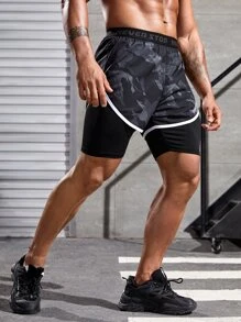 Men Camo Print Reflective Letter Graphic 2 In 1 Sports Shorts - Multicolor - View 3