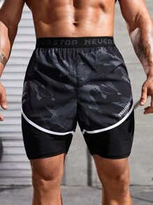 Men Camo Print Reflective Letter Graphic 2 In 1 Sports Shorts - Multicolor - View 5