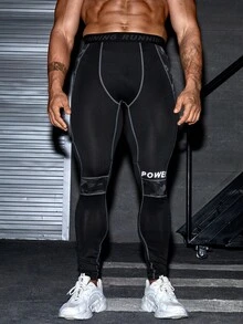 Men Letter Graphic Topstitching Sports Tights - Black - View 5