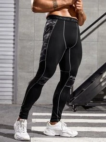 Men Letter Graphic Topstitching Sports Tights - Black - View 4