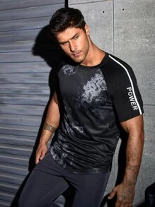 Men Letter Graphic Contrast Tape Sports Tee - Black - View 1