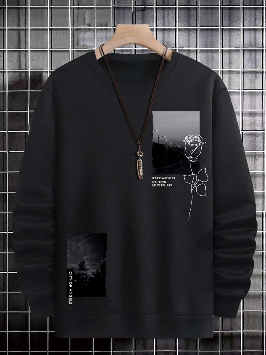 Manfinity Men Plus Floral & Slogan Graphic Sweatshirt - Black - View 1