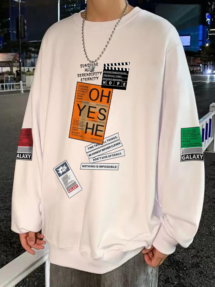 Manfinity Men Slogan Graphic Drop Shoulder Pullover - White - View 1