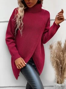 SHEIN LUNE Turtleneck Drop Shoulder Asymmetrical Hem Jumper - Burgundy - View 3