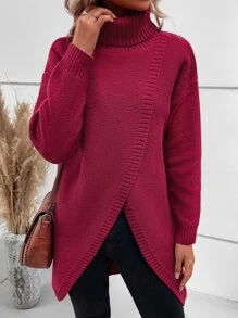 SHEIN LUNE Turtleneck Drop Shoulder Asymmetrical Hem Jumper - Burgundy - View 4