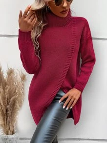 SHEIN LUNE Turtleneck Drop Shoulder Asymmetrical Hem Jumper - Burgundy - View 5