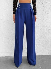 EURMUSE Button Detail Wideband Waist Suit Trousers - Royal Blue - View 4
