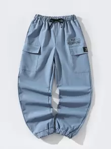 男孩標語圖案翻蓋口袋工裝褲 - 藍色 - 查看 1