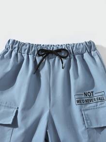 男孩標語圖案翻蓋口袋工裝褲 - 藍色 - 查看 3
