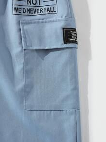 男孩標語圖案翻蓋口袋工裝褲 - 藍色 - 查看 4
