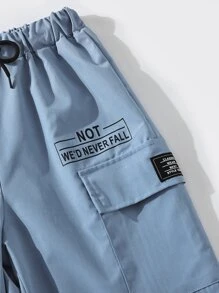 男孩標語圖案翻蓋口袋工裝褲 - 藍色 - 查看 6
