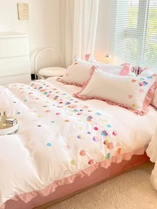 Heart Embroidered Duvet Cover Set Without Filler - Multicolor - View 2