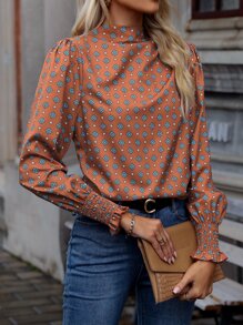 SHEIN Clasi Allover Print Mock Neck Flounce Sleeve Blouse,Long Sleeve Tops Fall Cloth For Women - Rust Brown - View 1