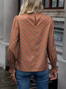 SHEIN Clasi Allover Print Mock Neck Flounce Sleeve Blouse,Long Sleeve Tops Fall Cloth For Women - Rust Brown - View 2
