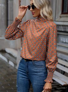 SHEIN Clasi Allover Print Mock Neck Flounce Sleeve Blouse,Long Sleeve Tops Fall Cloth For Women - Rust Brown - View 3