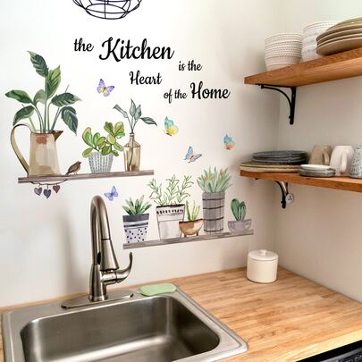 1pc Plant & Slogan Graphic Kitchen Sticker, PVC Waterproof Wall Art Decal For Kitchen,Stickers,Wall Decal, Vinyl Decal For Home Decorations,Spring Decoration Items Refresh Your Home,Rama Decoration Stickers Gifts Birthday Graduation Kitchen Decor