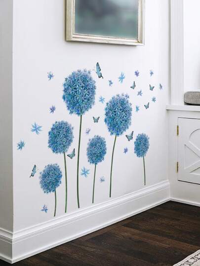 4pcs/Set Blue Flat Dandelion & Butterfly Wall Stickers