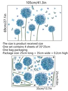 4 件套蓝色扁平蒲公英和蝴蝶墙贴