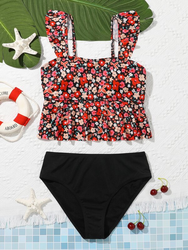 SHEIN Teen Girls Ditsy Floral Print Ruffle Hem Bikini Set Summer Beach
