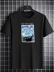 Manfinity Hypemode 男士T恤，合身領口短袖圖形T恤，星夜款式，休閒有趣，夏季專用，聚酯纖維 - 黑色 - 查看 1