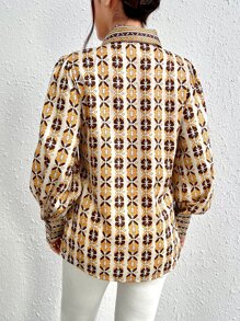 SHEIN Essnce All Over Print Tie Neck Lantern Sleeve Shirt - Yellow - View 2