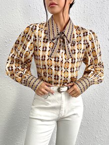 SHEIN Essnce All Over Print Tie Neck Lantern Sleeve Shirt - Yellow - View 4