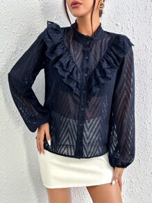 SHEIN BIZwear Viền Ruffle Tay áo lồng đèn Áo sơ mi Trang phục làm việc - Màu xanh hải quân - Xem 4