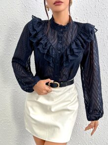 SHEIN BIZwear Viền Ruffle Tay áo lồng đèn Áo sơ mi Trang phục làm việc - Màu xanh hải quân - Xem 5