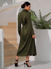 SHEIN BIZwear 金屬氣眼細節下擺開叉腰帶襯衫連衣裙 - 軍綠色 - 查看 2