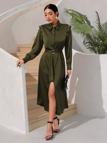 SHEIN BIZwear 金屬氣眼細節下擺開叉腰帶襯衫連衣裙 - 軍綠色 - 查看 3