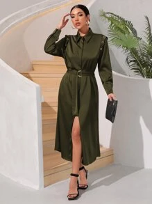 SHEIN BIZwear 金屬氣眼細節下擺開叉腰帶襯衫連衣裙 - 軍綠色 - 查看 4